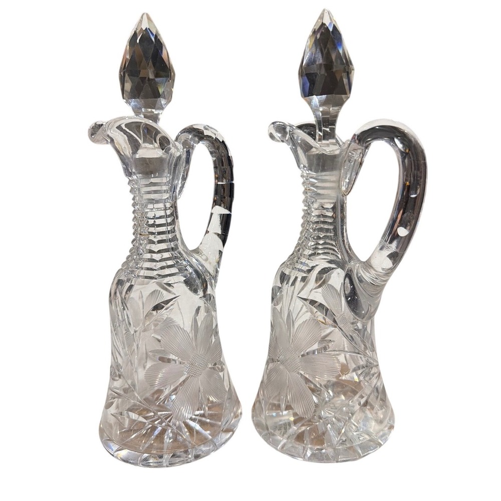 Vintage Cut Crystal Oil & Vinegar Cruet Set Floral Faceted Stoppers Clear 2pc